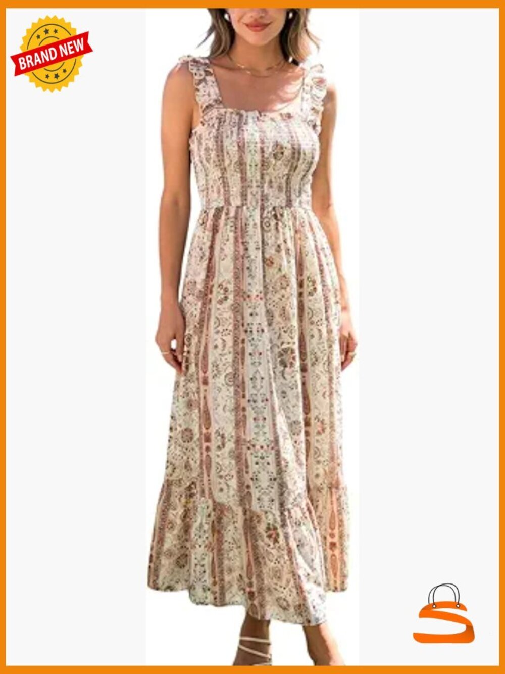 Boho Paisley Floral Maxi Dress Square Neck Ruffle Smocked Sundress Summer Beach